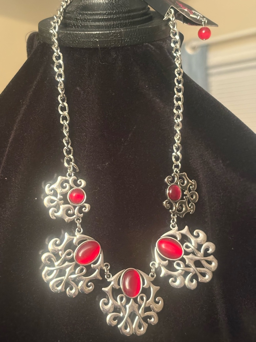 Sterling-Style Silver Necklace with Red Cabochon Accents